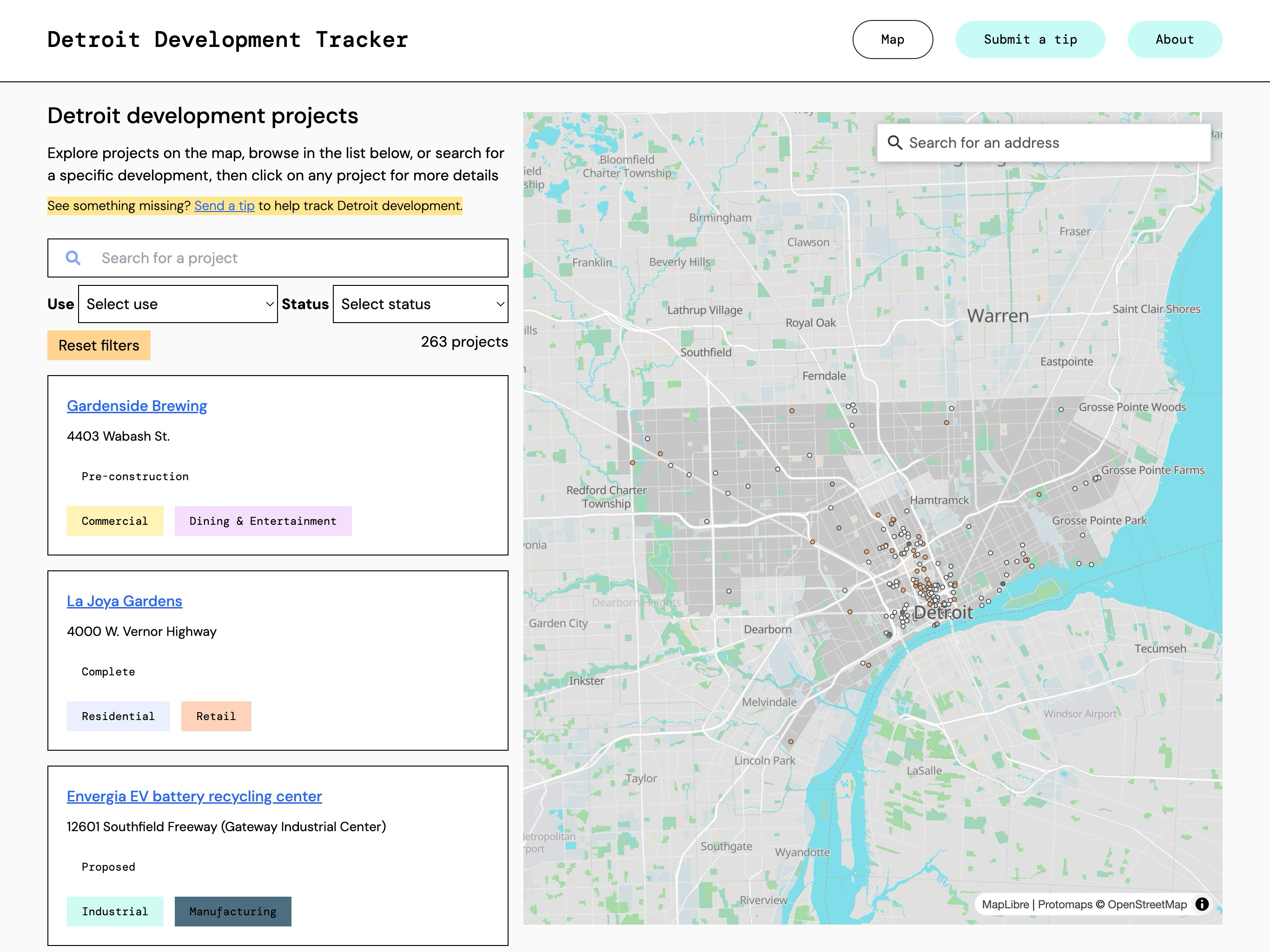 Screenshot of Detroit Development Tracker