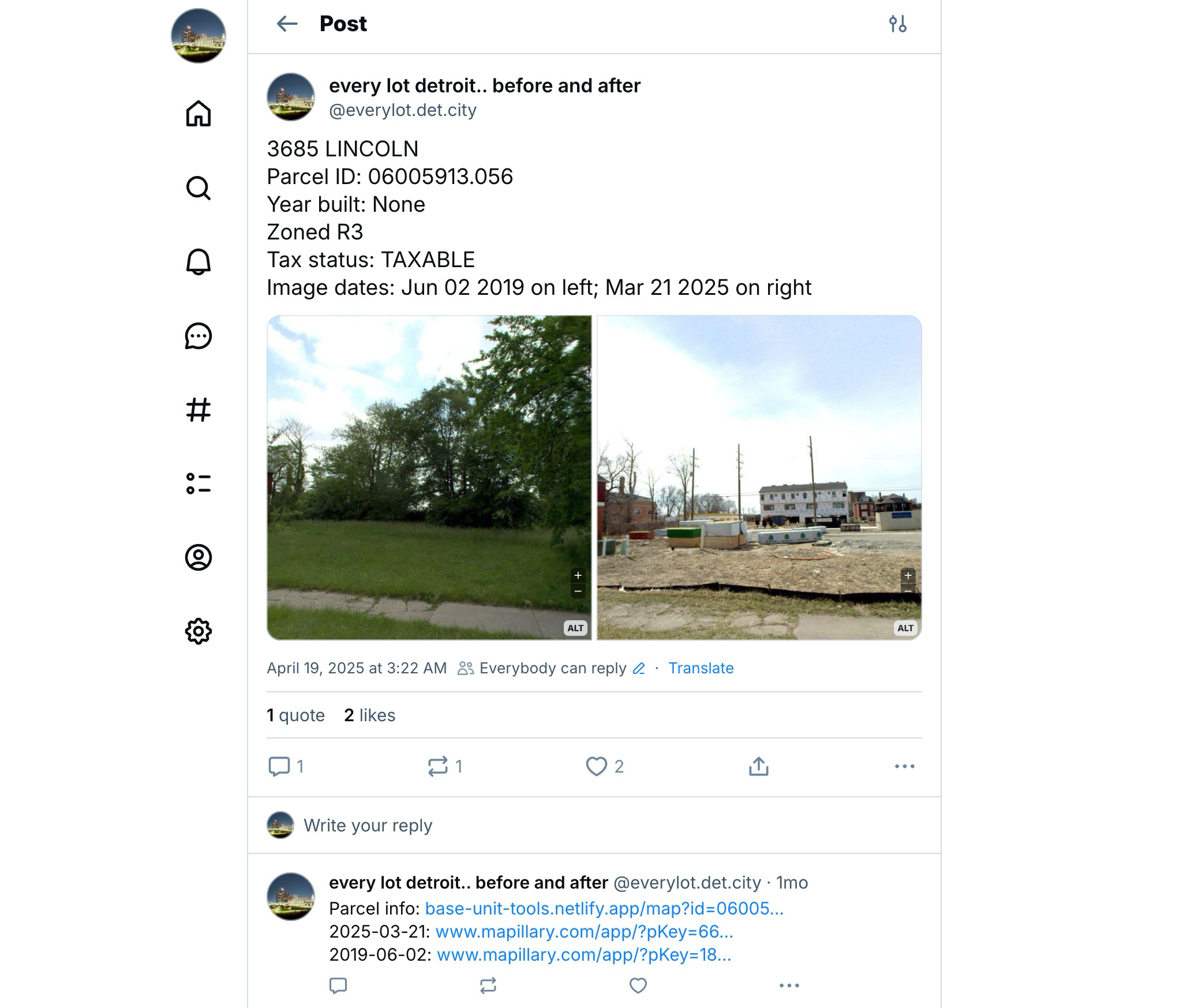 Screenshot of Every Lot Detroit (before and after) Bluesky bot